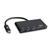 V7 USB-Adapter USB-C (m) auf 3x USB 3.0 A (f), MicroSD, SD/MMC, schwarz