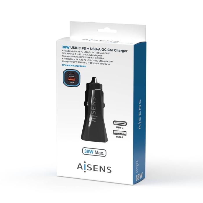 AISENS Car Charger 38W, 1XUSB-C PD3.0 20W, 1XUSB-A QC3.0 18W, Black — image 4 of 5
