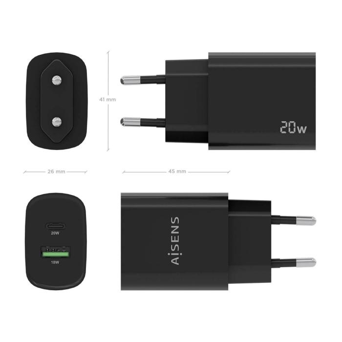 AISENS Cargador 20W, 1xUSB-C PD3.0, 1xUSB-A QC3.0, Negro — image 4 of 5