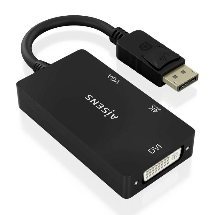 AISENS Displayport V1.2 to VGA/DVI/HDMI converter, DP 1.2/M-VGA/H-DVI/H-HDMI/H 4K, Black, 15cm