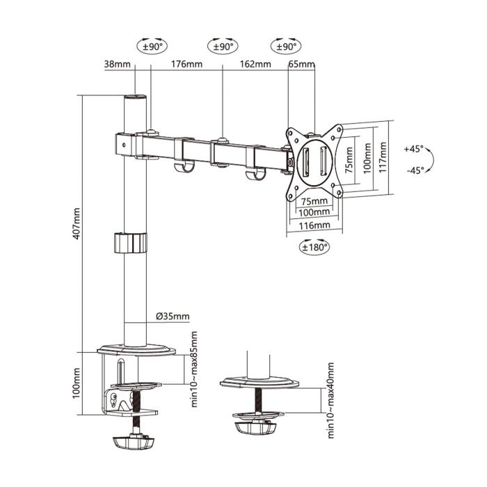 AISENS ECO Swivel and Tilt Table Mount for Monitor/TV 9Kg (3 Pivots, 1 Arm) from 17-32, Black — image 4 of 7