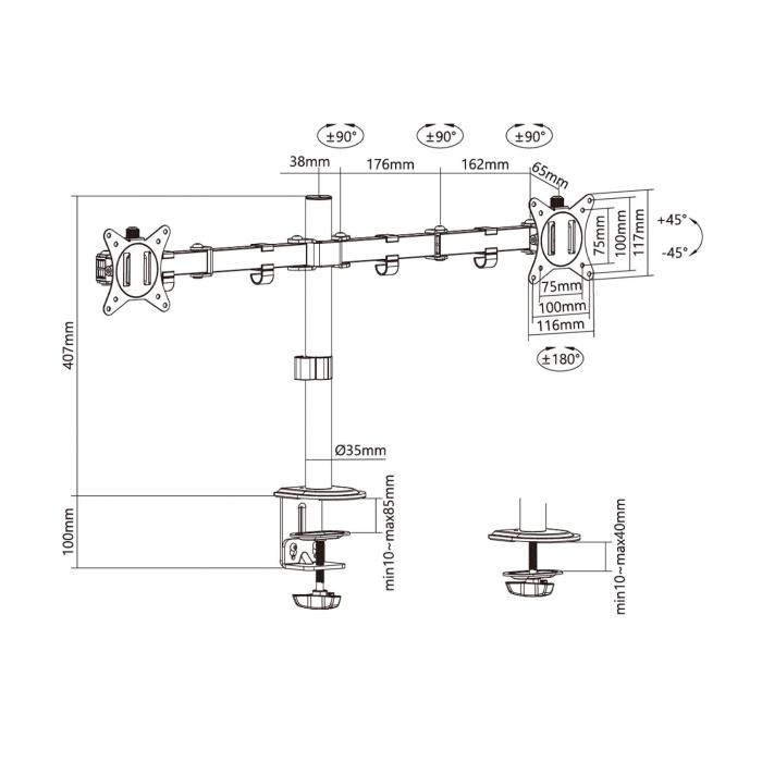 AISENS ECO Swivel and Tilt Table Mount for Monitor/TV 9Kg (3 Pivots, 2 Arms) from 17-32, Black — image 4 of 8