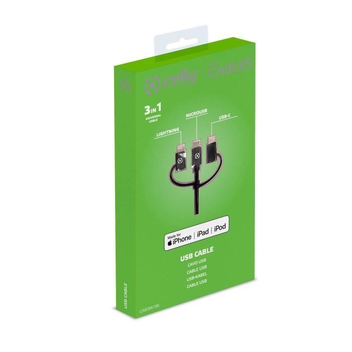 Celly USB3IN1BK USB cable USB 2.0 1 m USB A Micro-USB B Black — image 5 of 5