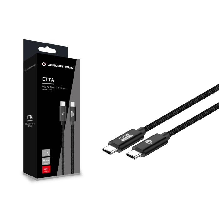 Conceptronic ETTA02B20 USB 3.2 Gen 2 C-C PD 3.0 100W Cable 2M, 20V 5A, 10Gbps, E-Mark — image 3 of 4