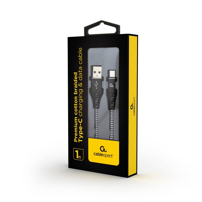 Gembird Premium cotton braided Type-C USB charging and data cable, 1 m, black/white — image 2 of 2