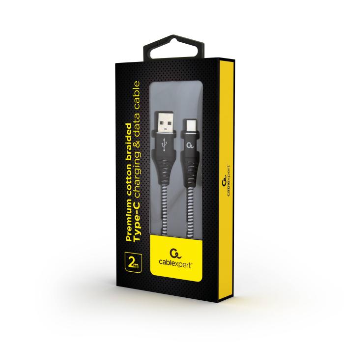 Gembird Premium cotton braided Type-C USB charging and data cable, 2 m, black/white — image 2 of 2