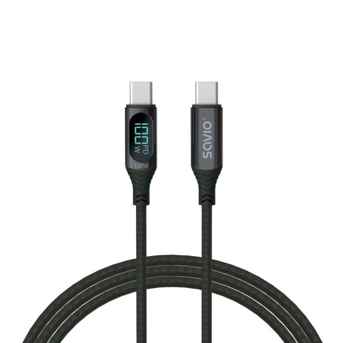 Savio USB-C - USB-C cable with display CL-174 1 m black USB cable USB 3.2 Gen 1 (3.1 Gen 1) USB C