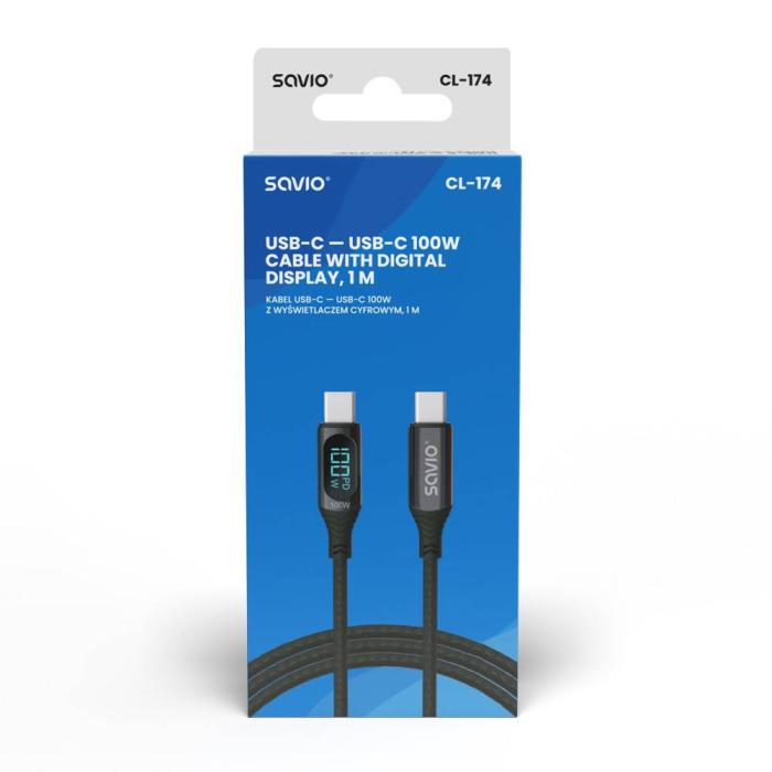 Savio USB-C - USB-C cable with display CL-174 1 m black USB cable USB 3.2 Gen 1 (3.1 Gen 1) USB C — image 6 of 8