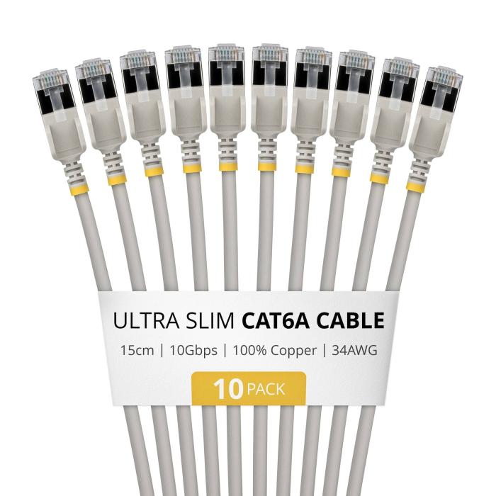 StarTech.com 15cm Gray Ultra Slim Cat6A Ethernet Cable, 10 Pack, Snagless, FTP, Pure Bare Copper Wire, 34AWG Ultra Slim RJ45 — image 7 of 12