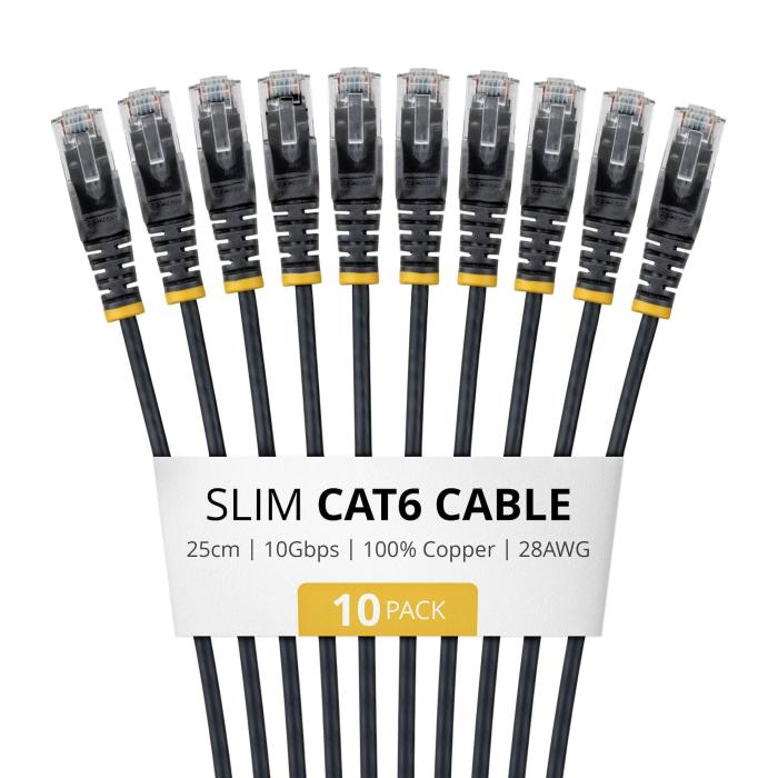 StarTech.com 25cm Black Slim CAT6 Cable, 10 Pack, Snagless, 100W PoE, UTP, LSZH, 28AWG Pure Bare Copper Wire, Slim RJ45 — image 6 of 10
