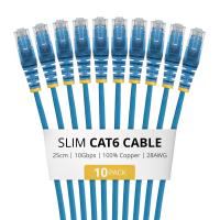 StarTech.com 25cm Blue Slim CAT6 Cable, 10 Pack, Snagless, 100W PoE, UTP, LSZH, 28AWG Pure Bare Copper Wire, Slim RJ45 Network Patch Cord w/Strain Reliefs, Individually Tested