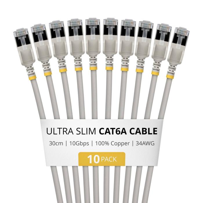 StarTech.com 30cm Gray Ultra Slim Cat6A Ethernet Cable, 10 Pack, Snagless, FTP, Pure Bare Copper Wire, 34AWG Ultra Slim RJ45 — image 7 of 12