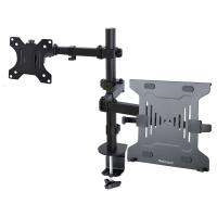 StarTech.com Monitor Arm with VESA Laptop Tray, For a Laptop (4.5kg/9.9lb) and a Single Display up to 32'' (8kg/17.6lb), Black, Vented Tray, Adjustable Laptop Arm Mount, C-clamp/Grommet Mount