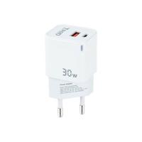 TooQ GaN Wall Charger USB-C/PD + USB-A/QC 30W, White