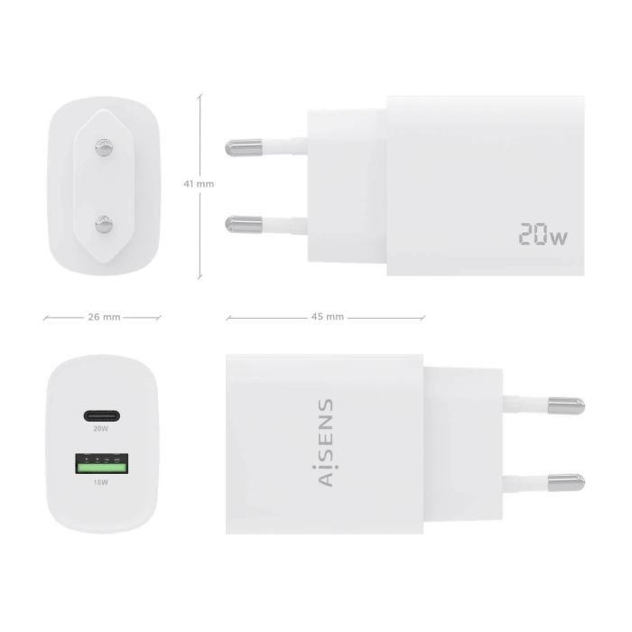 AISENS Cargador 20W, 1xUSB-C PD3.0, 1xUSB-A QC3.0, Blanco — imagen 4 de 5