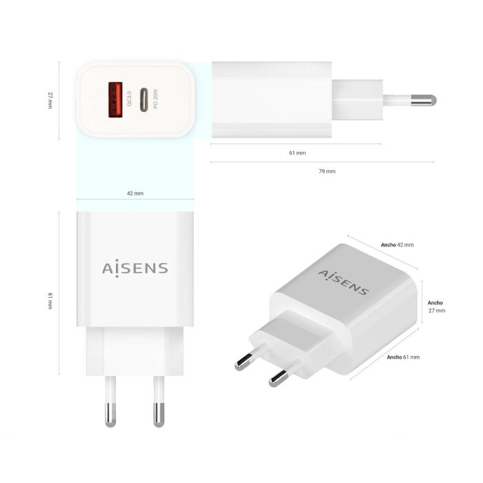 AISENS Cargador 20W, 1xUSB-C PD3.0, 1xUSB-A QC3.0, Blanco — imagen 3 de 3