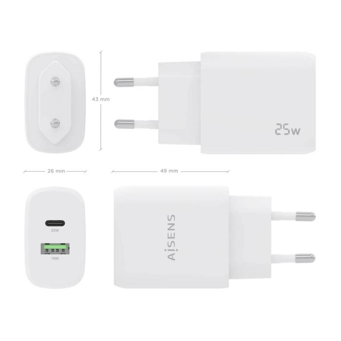 AISENS Cargador 25W, 1xUSB-C PD3.0, 1xUSB-A QC3.0, Blanco — imagen 4 de 5
