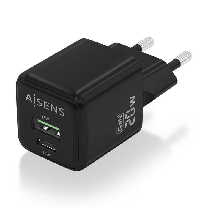 AISENS Cargador GaN 20W, 1xUSB-C PD3.0 QC4.0, 1xUSB-A QC3.0, Negro — imagen 2 de 6