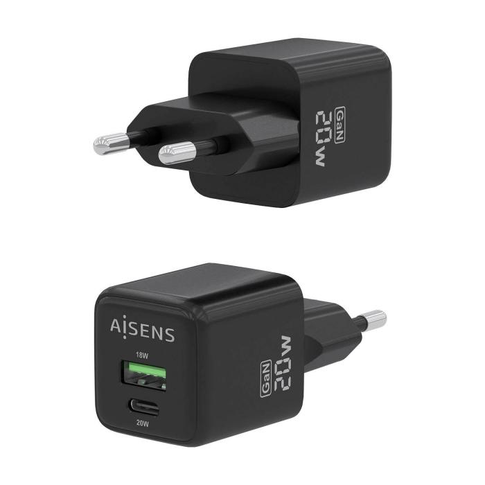 AISENS Cargador GaN 20W, 1xUSB-C PD3.0 QC4.0, 1xUSB-A QC3.0, Negro — imagen 3 de 6