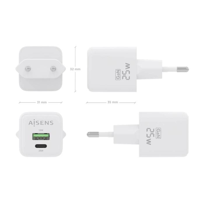 AISENS Cargador GaN 25W, 1xUSB-C PD3.0 QC4.0, 1xUSB-A QC3.0, Blanco — imagen 4 de 6