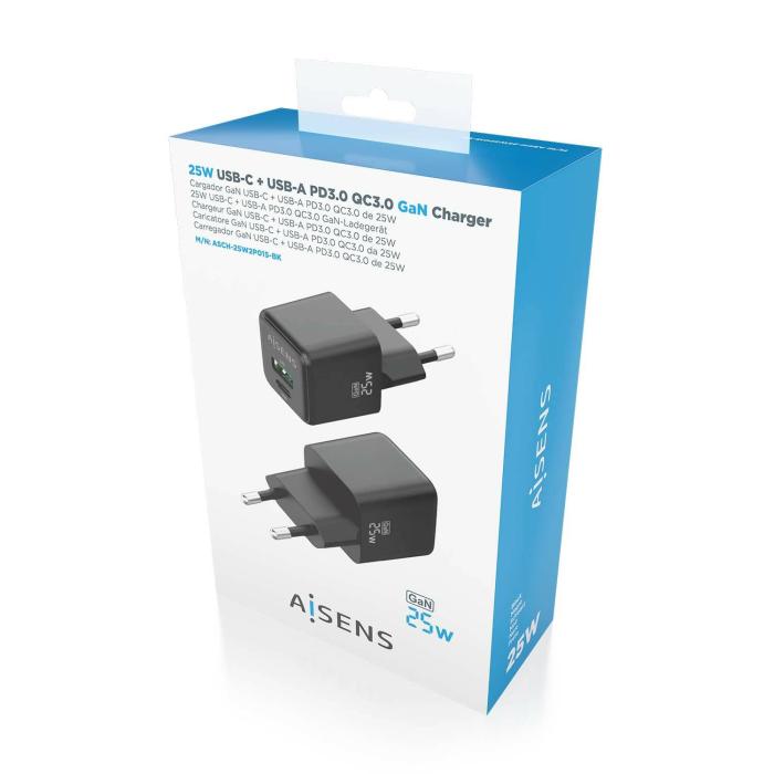 AISENS Cargador GaN 25W, 1xUSB-C PD3.0 QC4.0, 1xUSB-A QC3.0, Negro — imagen 6 de 6