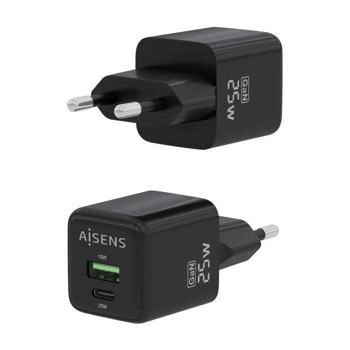 AISENS Cargador GaN 25W, 1xUSB-C PD3.0 QC4.0, 1xUSB-A QC3.0, Negro — imagen 3 de 6