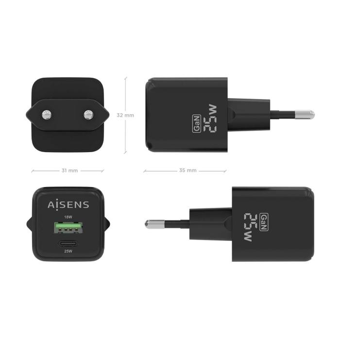 AISENS Cargador GaN 25W, 1xUSB-C PD3.0 QC4.0, 1xUSB-A QC3.0, Negro — imagen 4 de 6