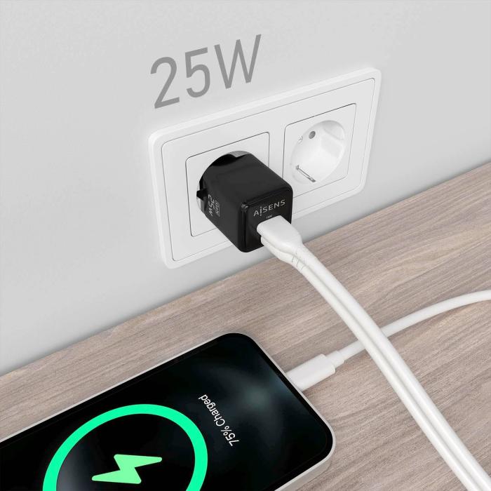 AISENS Cargador GaN 25W, 1xUSB-C PD3.0 QC4.0, 1xUSB-A QC3.0, Negro — imagen 5 de 6