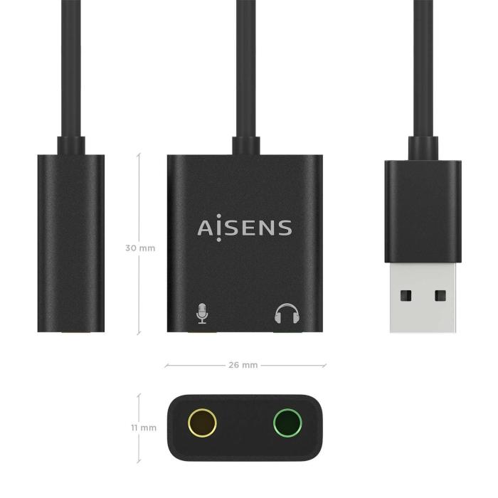 AISENS Conversor USB-A a Audio 48KHz, USB-A/M-2xJack 3.5/H, Negro, 10 cm — imagen 3 de 4