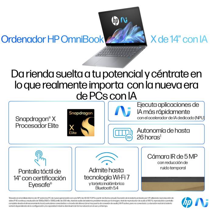 HP OmniBook X 14-fe0006ns Copilot+ PC Snapdragon X1E-78-100 Portátil 35,6 cm (14'') Pantalla táctil 2.2K 16 GB LPDDR5x-SDRAM — imagen 3 de 56