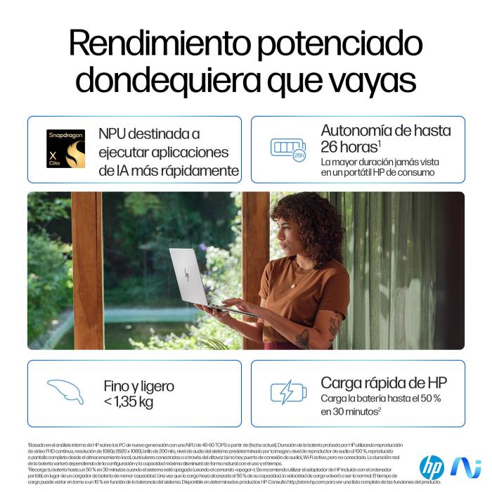 HP OmniBook X 14-fe0006ns Copilot+ PC Snapdragon X1E-78-100 Portátil 35,6 cm (14'') Pantalla táctil 2.2K 16 GB LPDDR5x-SDRAM — imagen 9 de 56